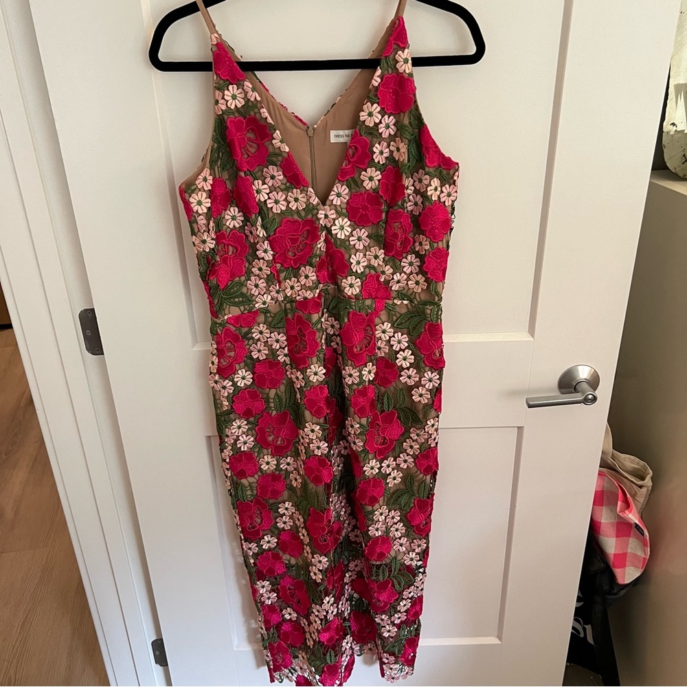 Dress the Population Aurora embroidered floral lace dress XL pink green
